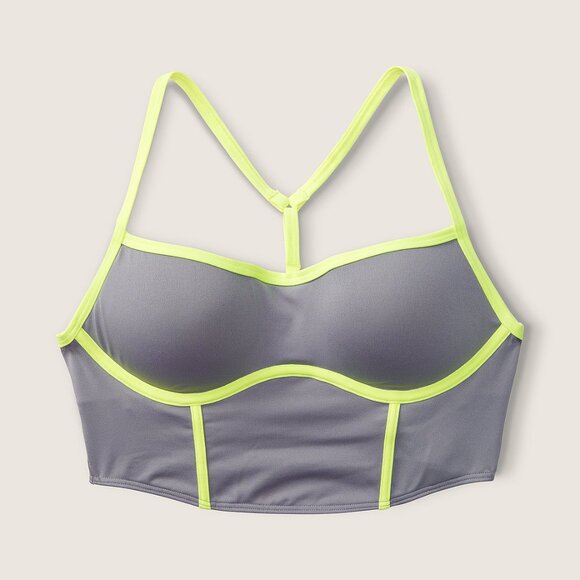 PINK Victoria's Secret Activewear Set Sports Bra and Bike Shorts Gray Lime Green - Picture 2 of 16